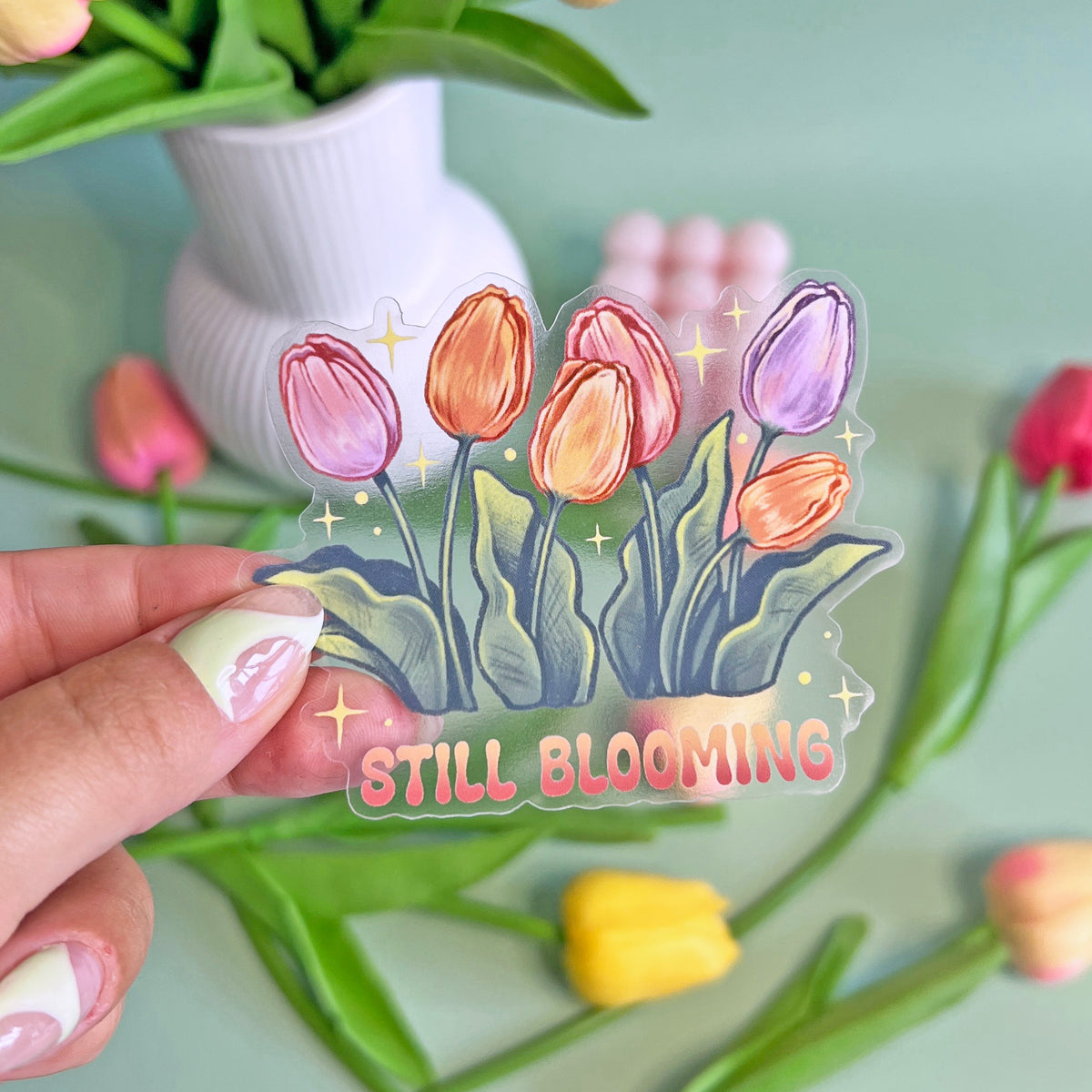 Tulips 'Still Blooming' Transparent Vinyl Sticker