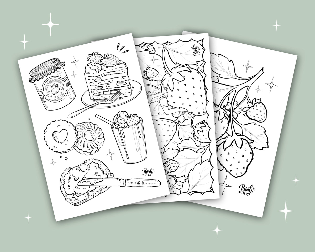Strawberry Themed Colouring Pages x3 (Digital Download)