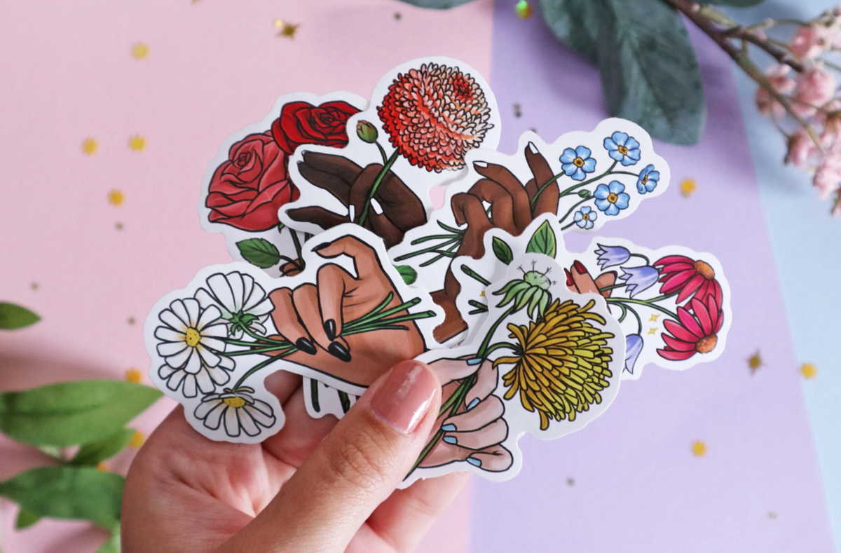 Hands Holding Flowers Sticker Set (Pack of 6)