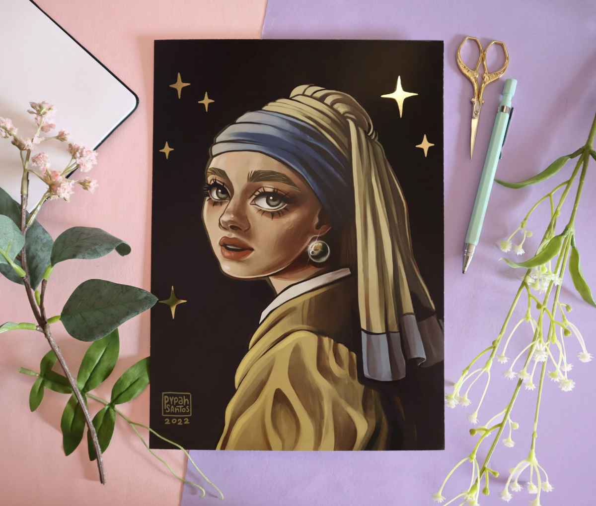 "Girl With A Pearl Earring" Redraw Gold Foil Print